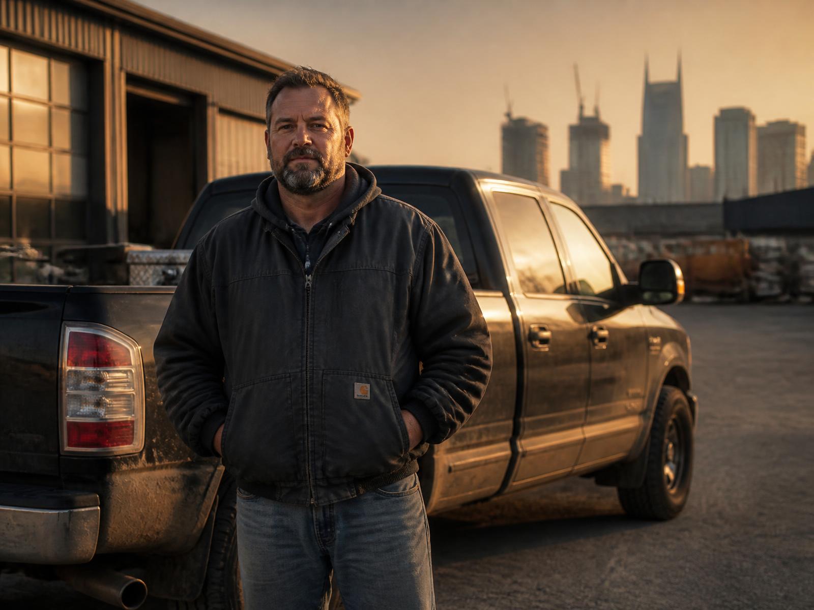 Nashville tradesman standing by his work truck with the city skyline behind him